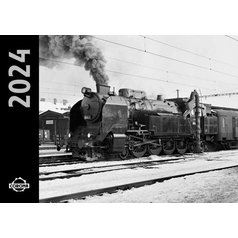 CORONA13 Kalendář nástěnný 2024 černobílý Parní lokomotivy